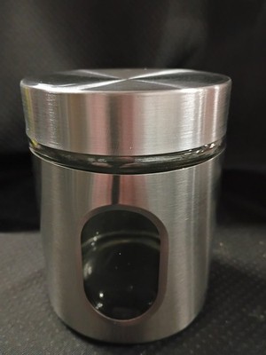 stainless steel and glass kitchen storage canister 5in Tall 4in Diameter