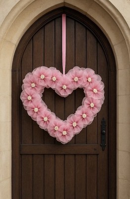 Handgefertigter rosa Herzkranz mit Blumen - rustikale Türdeko Hochzeit oder Kirche