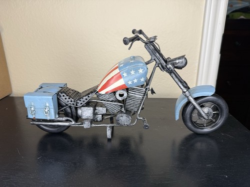 VTG 1960'S Harley Davidson Metal Chopper Motorcycle Figurine USA FLAG 14" x 7"