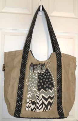 Cute Beige/Black LAUREL BURCH Zip Top Cat-Themed Tote