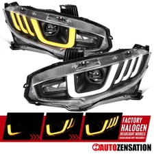 Fit 2016-2021 Honda Civic Black Halogen Projector Headlights LED Sequential Lamp