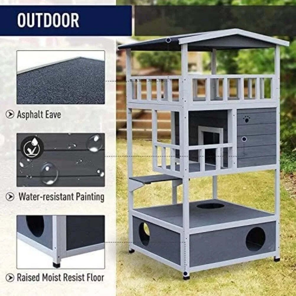 Wooden Outdoor Cat House with Roof & Escape Door Kitten Tree & Condo