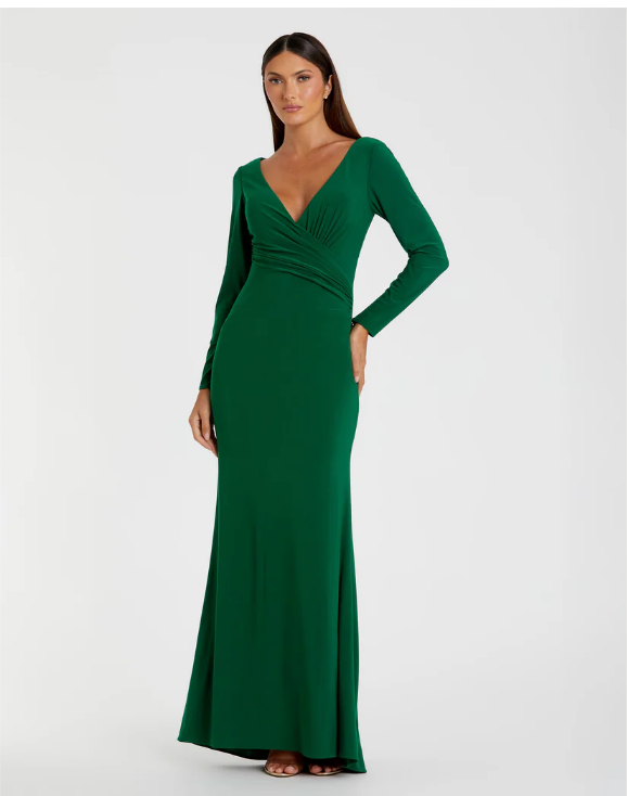 emerald green jersey dress Mac Duggal - Long Sleeve Ruched V-Neck Gown Neckline: Strapless Sweetheart Neckline with Illusion Plunge