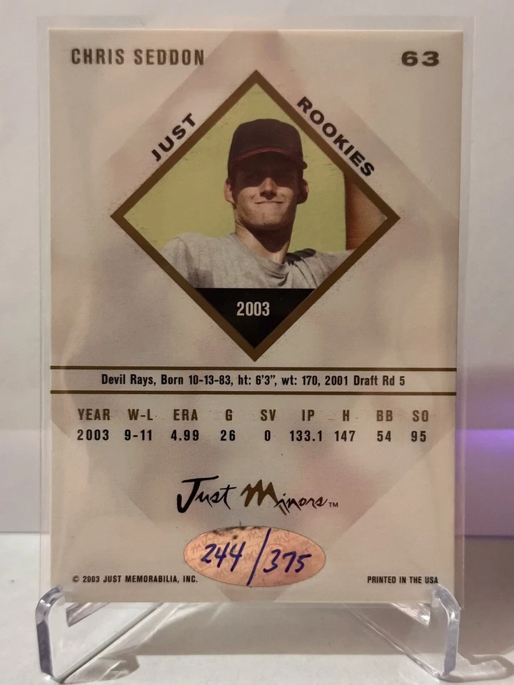 2003 Just Minors #63 CHRIS SEDDON *ON CARD AUTOGRAPH* 244/375 - MARLINS MARINERS - Image 2 of 2