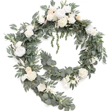Ling's Moment 9FT Eucalyptus and Willow Leaf Garland with White Flower, Handc...