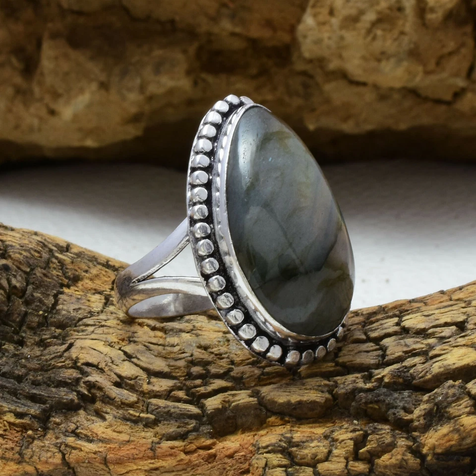 Estética Piedra Labradorita 925 Plata de Ley Hecho a Mano Anillo Todo Talla - Imagen 2 de 3
