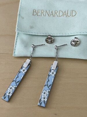 BERNARDAUD By Limoges Porcelain & Sterling Earrings Pale Blue Vintage floral