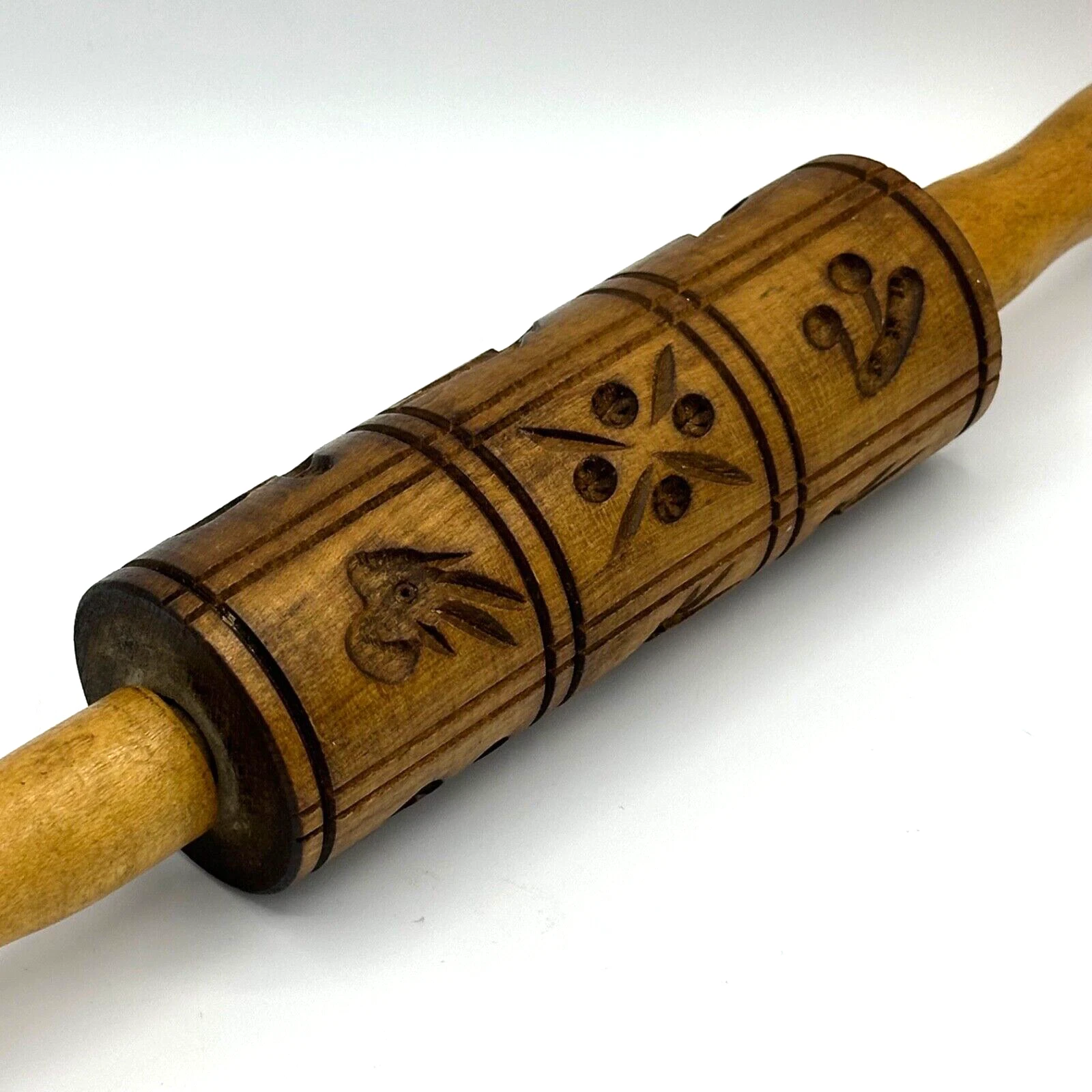 Vintage Carved Wood Springerle Cookie Rolling Pin - Made US Zone Germany Mid 40s