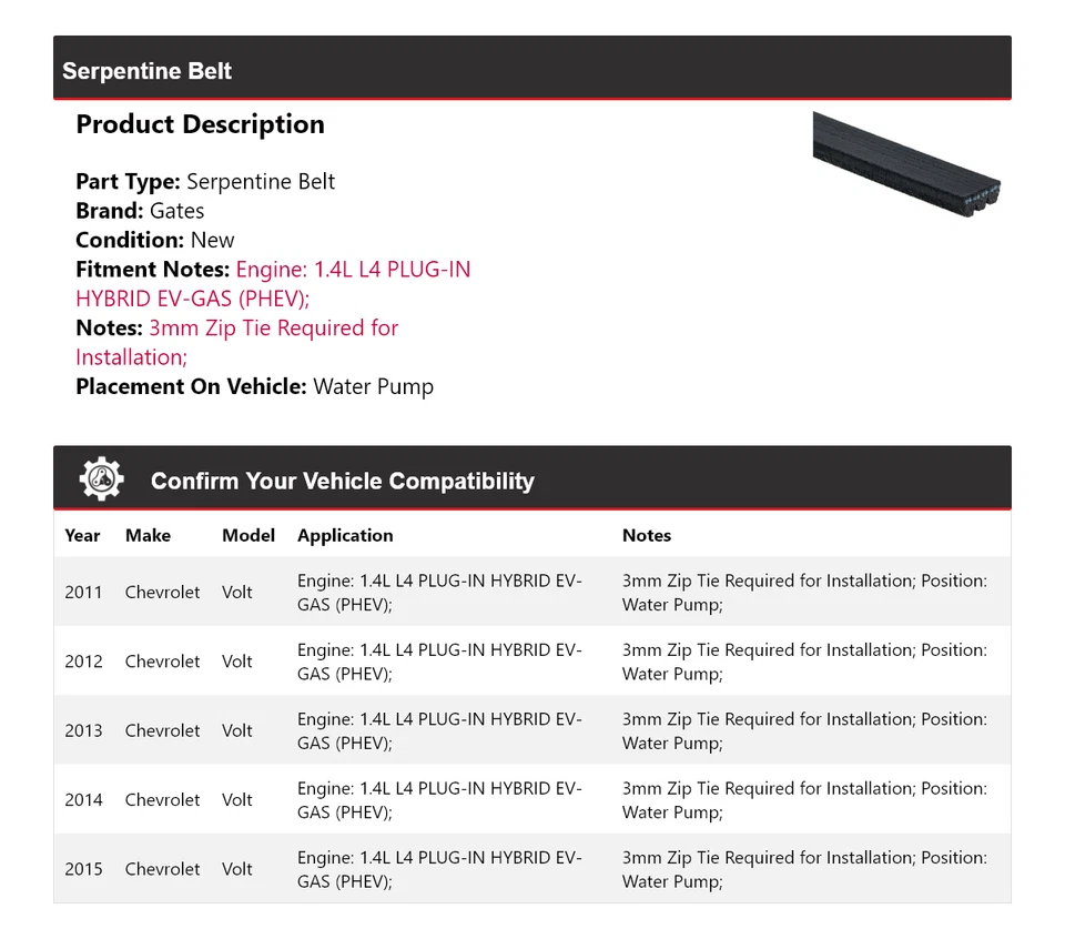 For 2011-2015 Chevrolet Volt Serpentine Belt For Water Pump Gates 2012 2013 2014 - Image 2 of 4