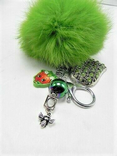 RABBIT FUR Pompom Ball Keychain + GREEN Rhinestone Heart Bee MOOSE CARTOON USA - Picture 1 of 4