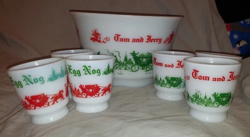Tom & Jerry Milk Glass Egg Nog Punch Bowl Set 6 Cups Mugs 