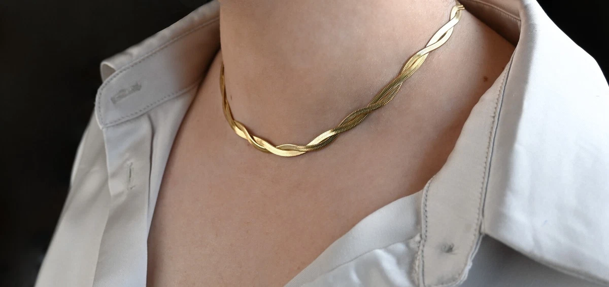 Braided Herringbone Choker Bold Chain Necklace Twisted Herringbone Necklace