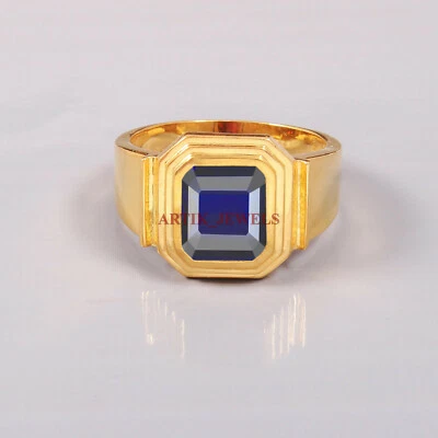 Bague Pour Homme En Argent Sterling 925 Plaqué Or Avec Saphir Bleu Chauffé #5684 - Photo 1/4