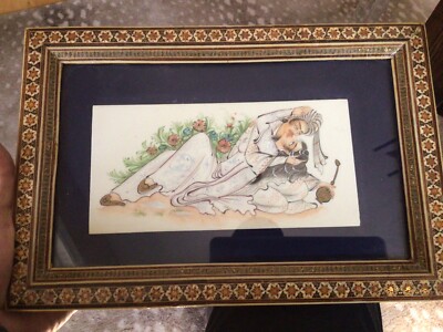 vintage Middle Eastern Persian PAINTING  Lovers  parquet frame