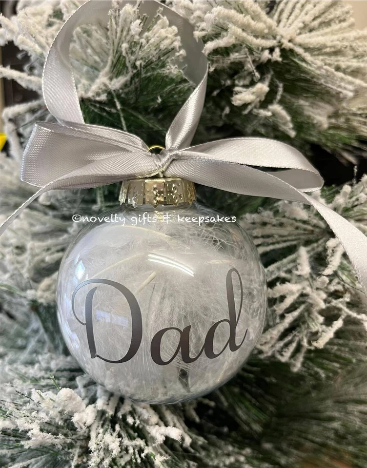 Personalised Christmas Bauble Hanging  Memorial White Feather Rose Gold Snow 8cm - Image 3 of 4