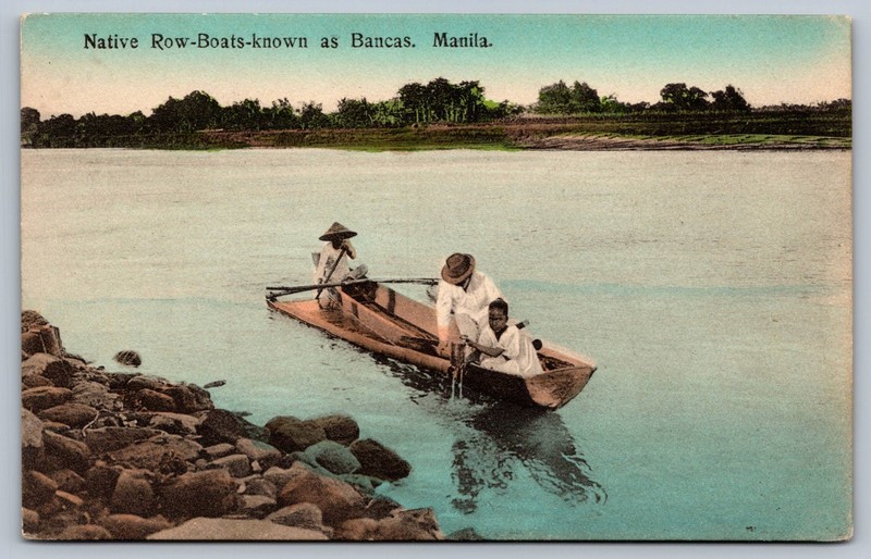 C1910 PHILIPPINES NATIVE ROW BOATS KNOWN AS BANCAS CAMERA SUPPLY MANILA postcard
