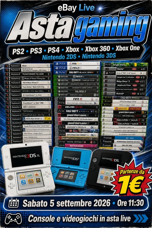 🎮 Asta Gaming PS2 PS3 PS4 Xbox 360 One Nintendo 2DS 3DS + partenze da 1€