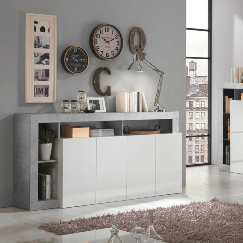 Buffet de salon gris ciment et blanc laqué Cadiz BC avec portes