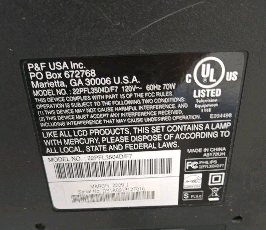 22" LCD HDTV Widescreen HDMI Philips 720p 60hz ATSC 22PFL3504D/F7_NO REMOTE 2009 - Image 3 of 4