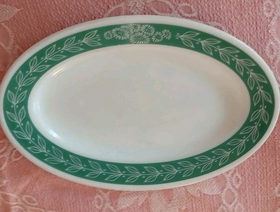 Vtg. Pyrex Double Tough 11'' Green Laurel Leaf Oval Plate Platter Tableware 1950s