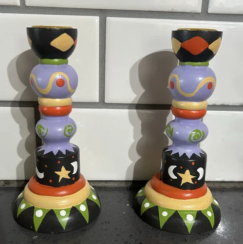 (2) Midwest Of Cannon Falls Painted Wood Candlesticks Halloween Mystical Fantasy