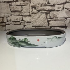 Large Handmade Ceramic Bonsai Pot with a Landscape Painting on the Front Side