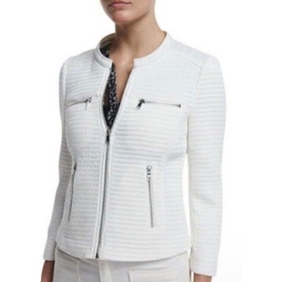 JOIE Women s Small Jenika White Textured Cotton Blend Woven Zip-Up Blazer Jacket