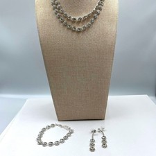 VTG Rhinestone Set: Double Layer Necklace, 3-Drop Earring, Link Bracelet Classic