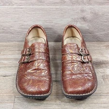 Alegria Brown Gold Rose Flower Clog Mule Shoe ALL-572 Leather Comfort Shoes 41