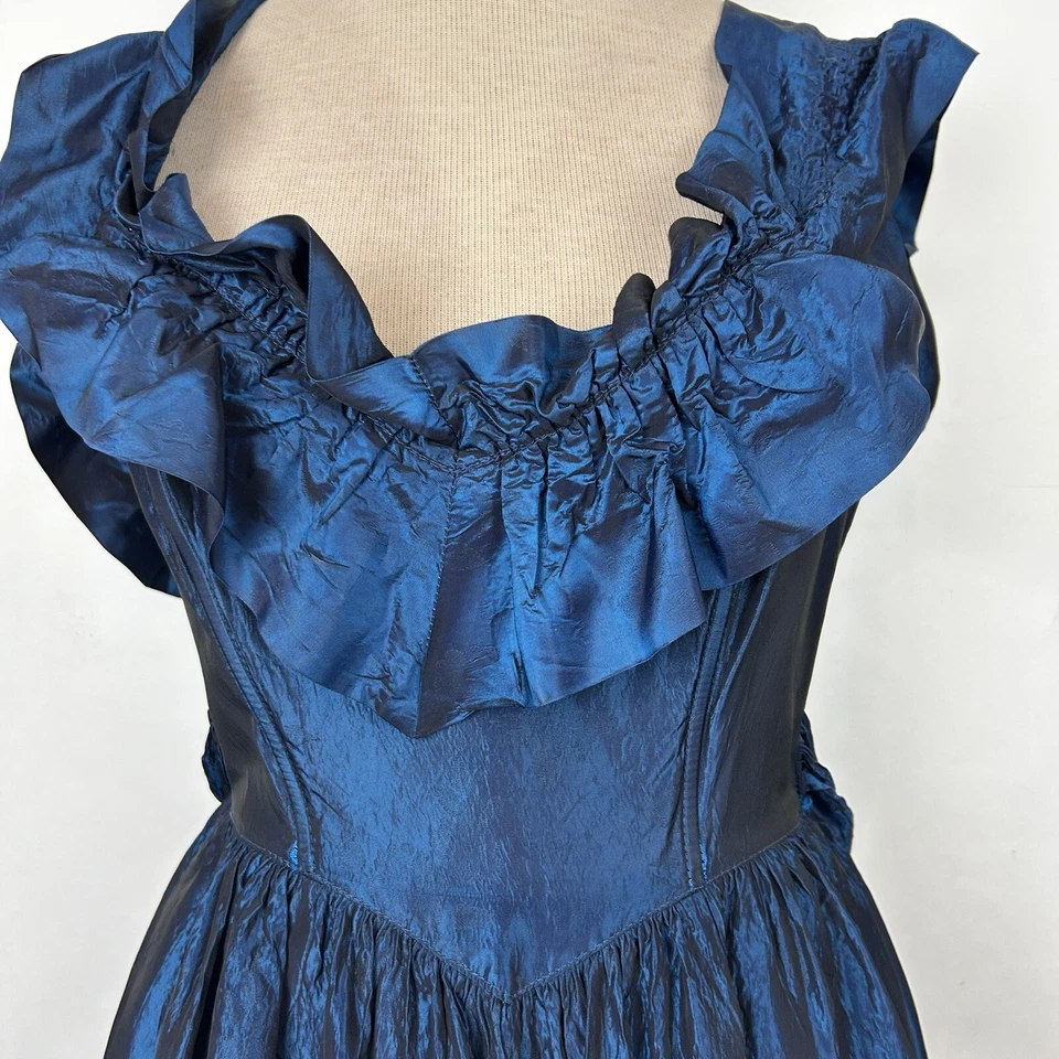 Vestido GUNNE SAX Vintage Años 80 Ajuste y Acampanado Volantes Metálico Azul Cobalto Talla 5 Foto 2 de 4