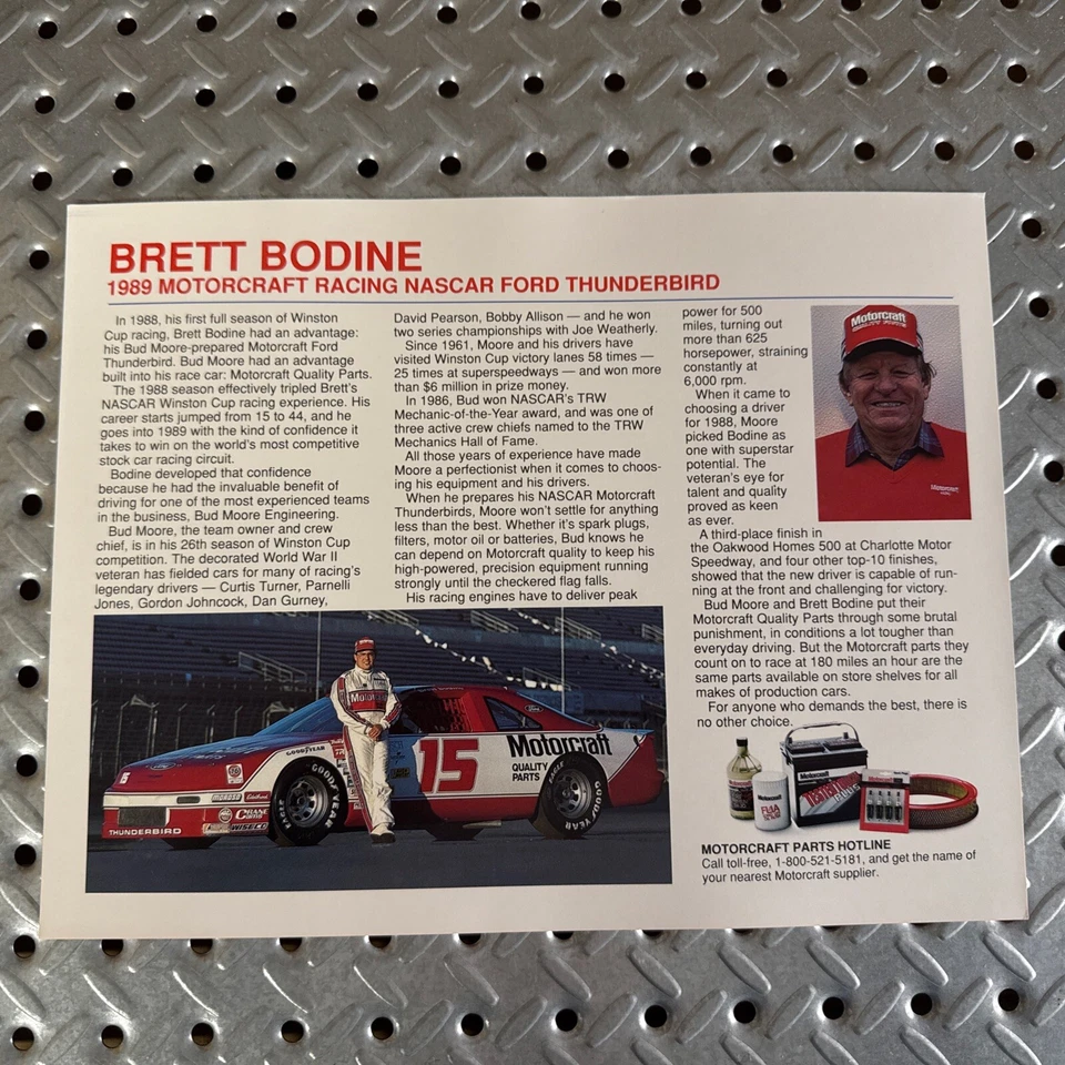 Tarjeta fotográfica Brett Bodine 1989 Motorcraft Racing Ford Thunderbird NAscar 15 8 x 10 Foto 3 de 4