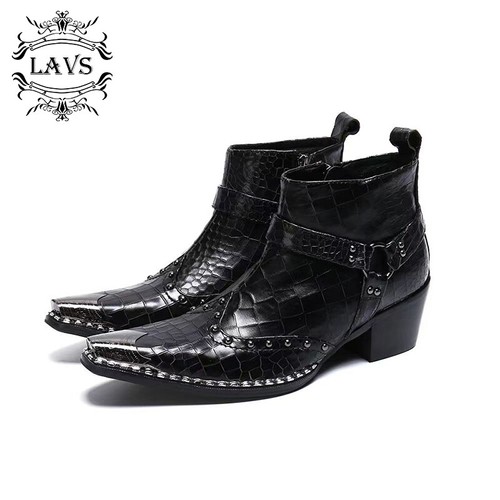 Men's Flat Leather Steel Toe Pointed Toe High-top Buckle Chelsea Boots - Picture 4 of 15