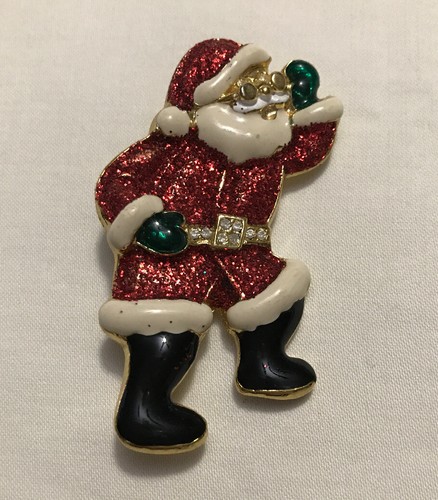 Vintage Santa Claus Christmas Enamel Brooch Red Green White Gold Pin Jewelry - Afbeelding 1 van 7