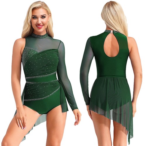 Women Lyrical Dance Costume One Shoulder Rhinestone Leotard Figure Skating Dress - Picture 33 of 70