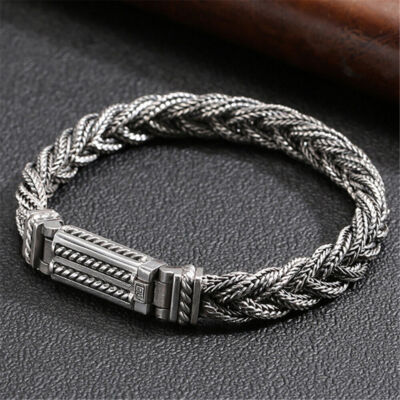 Real S925 Sterling Silver Bracelet Women Men Vintage Wider Bradiad