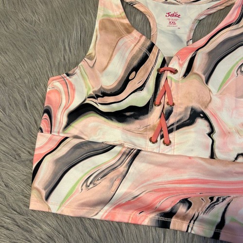 Justice Longline Lace Up Tank Top Girls Size XXL (16P/18P) Pink Marble Shirt - Picture 5 of 7