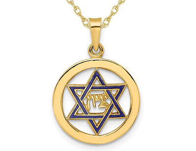 Solid 14K Yellow Gold Round Filigree Star of David with Chai Symbol Pendant Necklace 