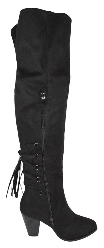 Forever Botas de Tacón Alto Sobre la Rodilla Muslo Cremallera Espalda Encaje Borla CAMILA-57 Negras Foto 3 de 4