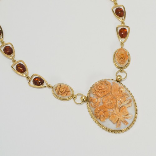 COLLANA IN ARGENTO 925 DORATO CON CAMMEO IN CORNEOLA FIORI E AMBRA AGLN 0197 - Picture 2 of 4