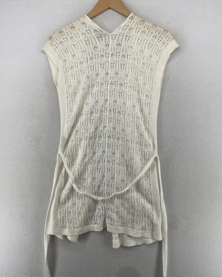 EILEEN FISHER Cardigan XS Organic Cotton Lace Stitch Wrap Tie Belt Vest White - Image 3 of 4