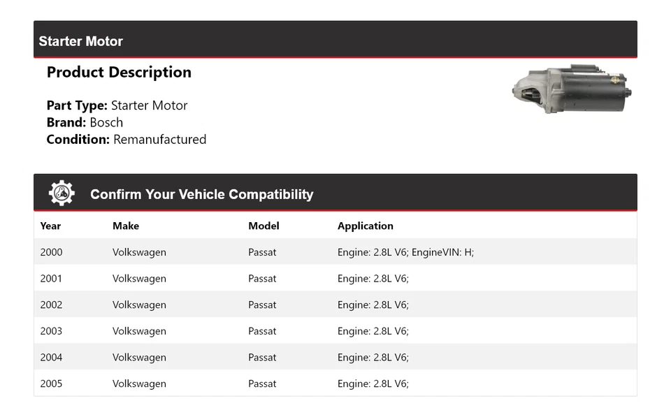 Para Volkswagen Passat 2000-2005 2.8L V6 Bosch Arranque (Remanufacturado) 2001 2002 Foto 2 de 4