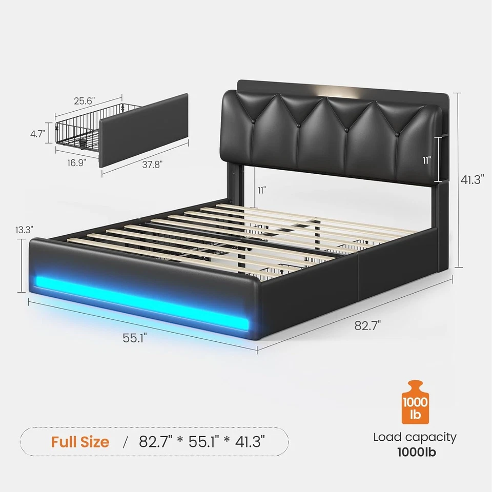 Полноразмерный каркас кровати с 4 ящиками для хранения и зарядной станцией, головной убор для хранения - Изображение 2 из 4