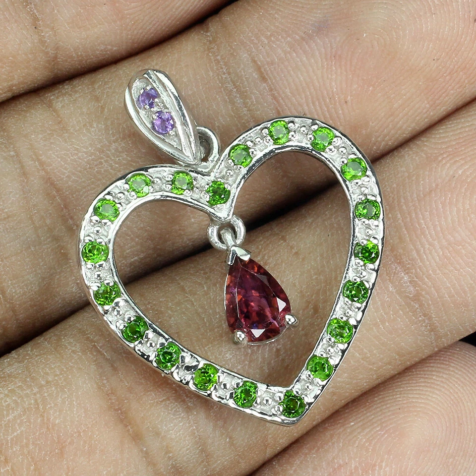 925 Colgante de Plata de Ley Pera Rodolita Granate Amatista Cromo Diópsido - Imagen 2 de 4