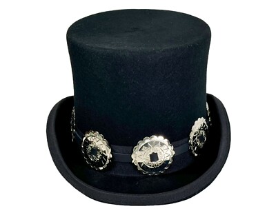 Top Hat With Steel Concho Leather Hat Band Vintage Wool Victorian Mad Hatter