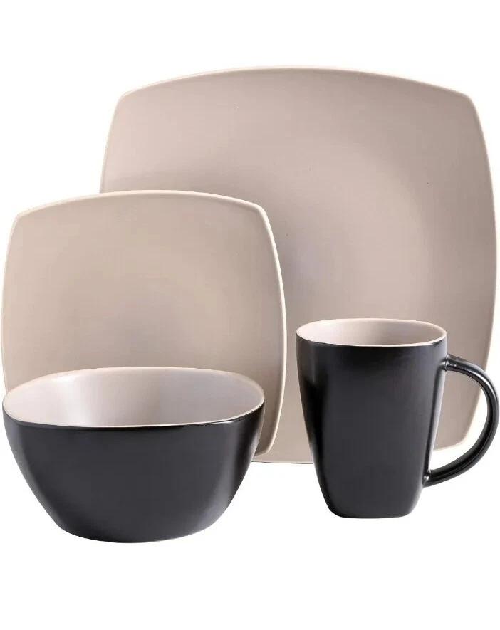 16 Pc Square Stoneware Dinnerware Set Plates Bowls Mugs Gibson Soho Lounge Taupe - Image 2 of 4