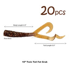 20pcs 10" (w/ tail extended) Twin Tail Perch Grub Fat Scampi Soft Bait Root Beer