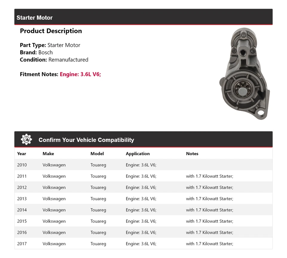 Arranque Bosch V6 3,6 L 2010-2017 Volkswagen Touareg (remanufacturado) 2011 Foto 2 de 4
