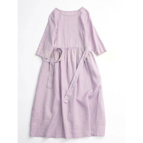 Damen Baumwolle Leinen Maxikleid Sommerkleid Freizeit Rundhals Locker Freizeit Chic - Bild 20 von 27