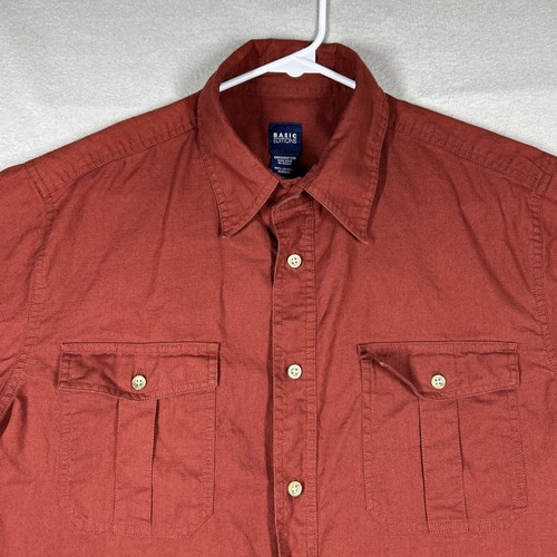 Basic Editions Mens M Workshirt Dress Shirt Button Up Short Sleeve Shirt Red - Picture 2 of 11