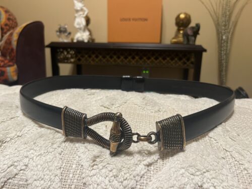 Belt Cipriani Silver Metal Rope Toggle Women's Black Leather Adjustable 25" -42" - Picture 3 of 6